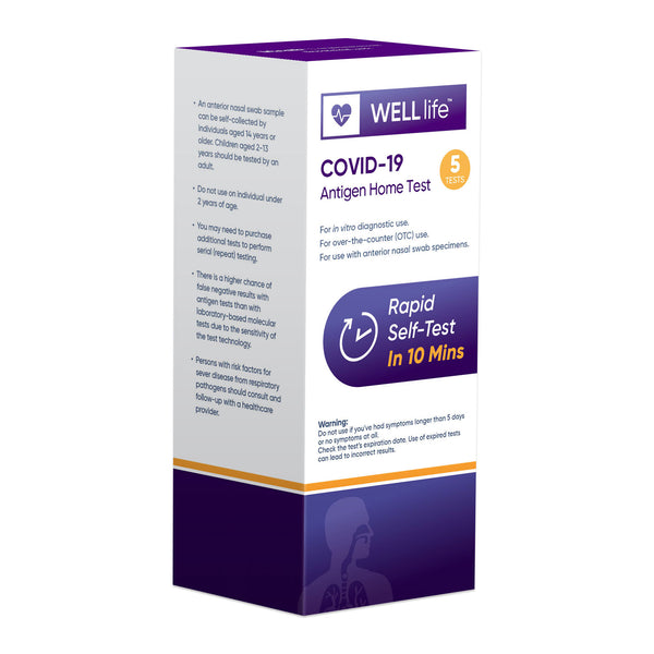 5 Pack - WELLlife COVID-19 at Home Self Test | Results in 10 Minutes, FDA Authorized COVID Home Test, with Non-invasive Nasal Swab, Easy to Use & No Discomfort