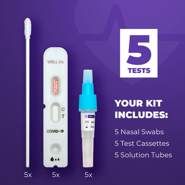 5 Pack - WELLlife COVID-19 at Home Self Test | Results in 10 Minutes, FDA Authorized COVID Home Test, with Non-invasive Nasal Swab, Easy to Use & No Discomfort