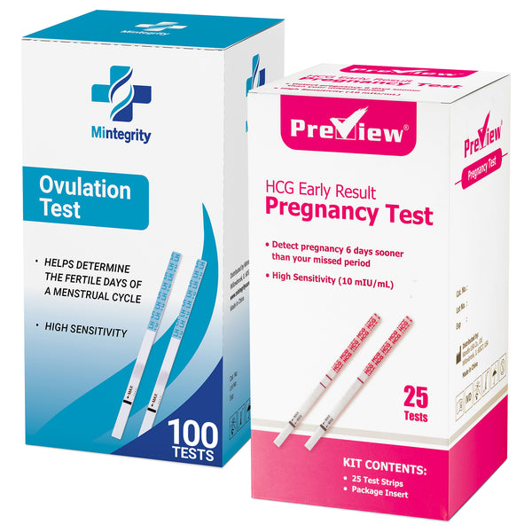 Mintegrity - 100 Ovulation Test Strips and 25 Pregnancy Test Strips Combo Kit, (100 LH + 25 HCG), Easy To Use At Home