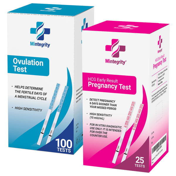 Mintegrity - 100 Ovulation Test Strips and 25 Pregnancy Test Strips Combo Kit, (100 LH + 25 HCG), Easy To Use At Home