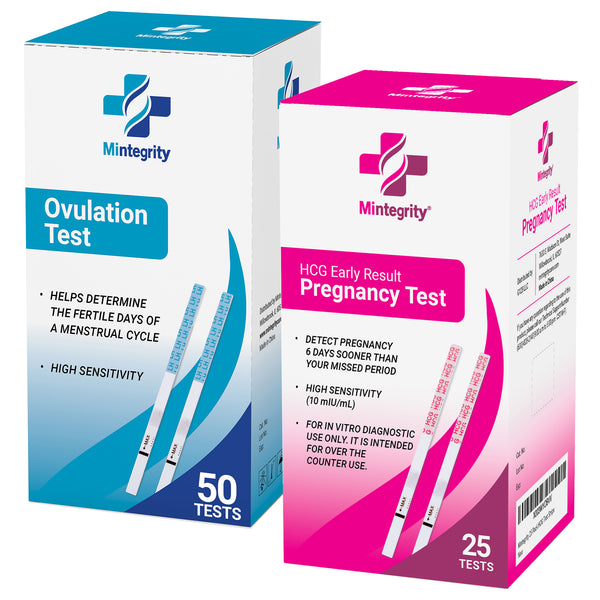 Mintegrity - 50 Ovulation Test Strips and 25 Pregnancy Test Strips Combo Kit, (50 LH + 25 HCG), Easy To Use At Home